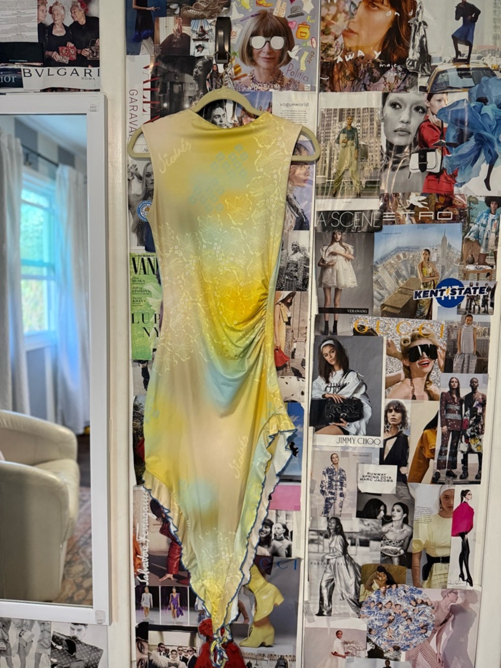 SIEDRES Yellow & Light Blue Asymmetrical Draped Dress